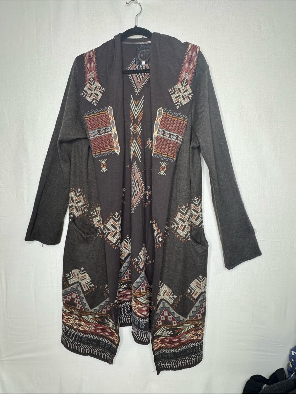 BIYA Johnny Was Women Hooded Long  Duster Cardigan Sz L Embroidered Southwestern